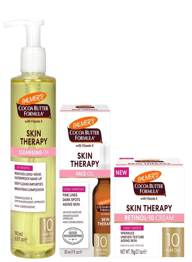 Palmer's Cocoa Butter Formula Skin Therapy Oil Face Regimen Bundle, Cleansing Oil (6.5 Oz) + Retinol-10 Cream (2.7 Oz) + Facial Oil (1 Oz), Anti-Aging & Moisturizing, All Skin Types